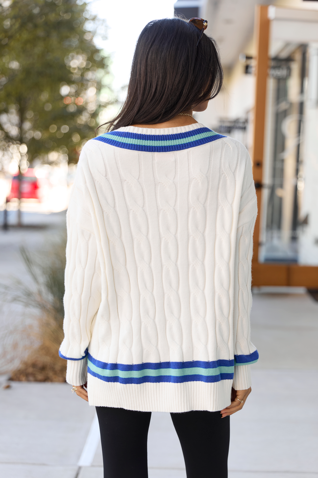 Paris Blue And Green Varsity Stripe Cable Knit V-neck Pullover FINAL SALE