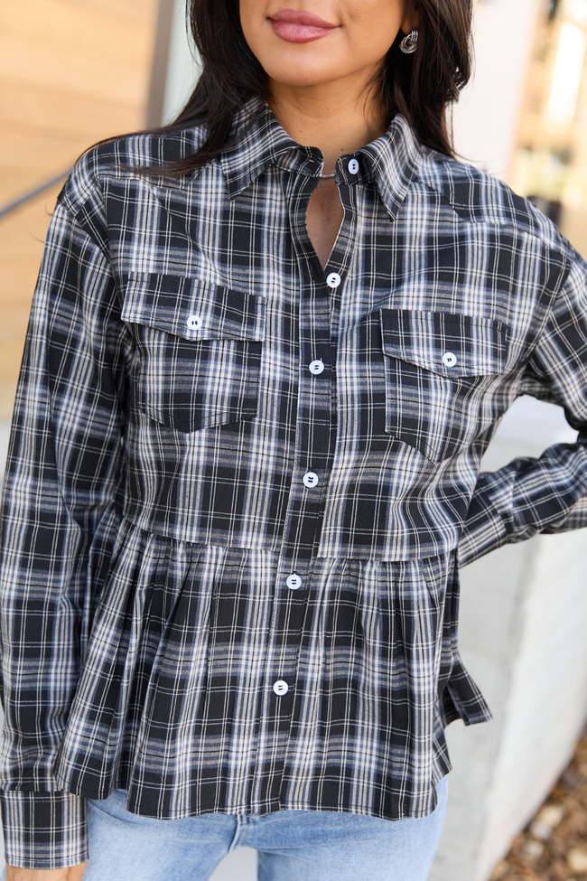 Yara Black Plaid Peplum Top SALE
