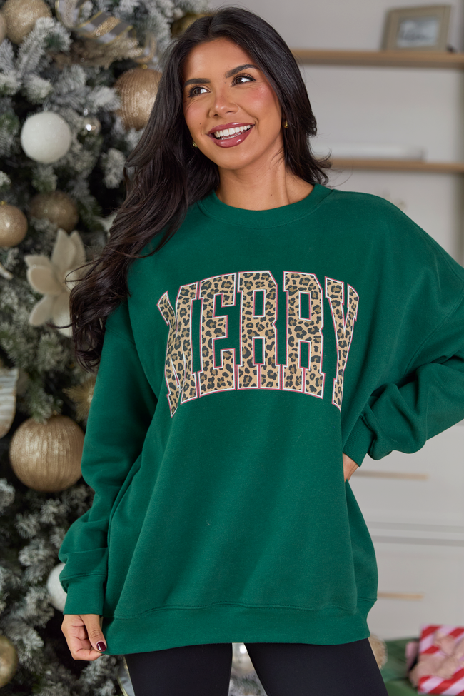 Merry Block Leopard Evergreen Graphic Sweatshirt