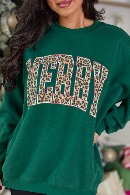 Merry Block Leopard Evergreen Graphic Sweatshirt