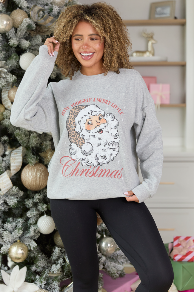 Vintage Santa Leopard Light Grey Graphic Sweatshirt