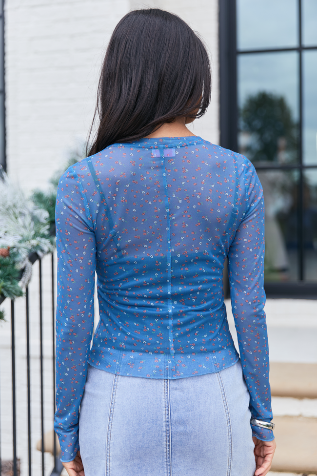 Honey Blue Floral Mesh Long Sleeve Top