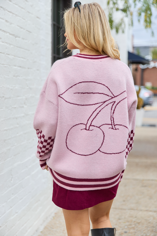 Maeve Pink And Burgundy Cherry Checkered Cardigan SALE