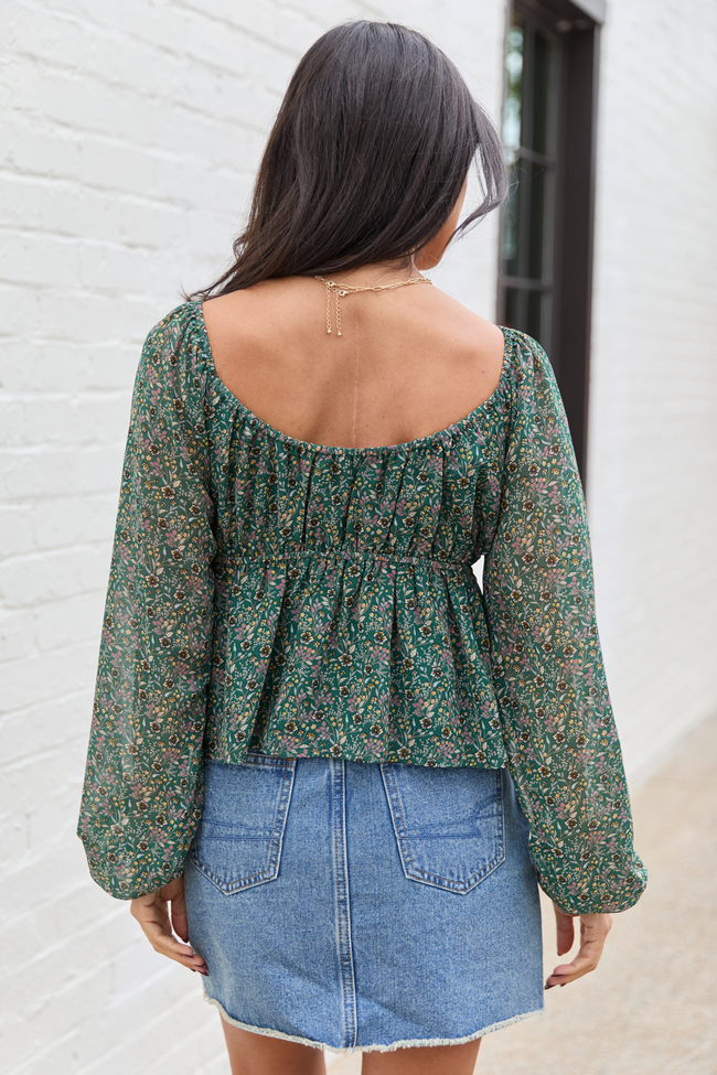 Kileigh Green Floral Long Sleeve Babydoll Top