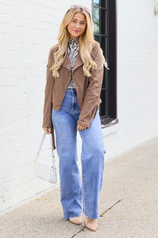 Perdita Brown and White Zebra Print Mock Neck Long Sleeve Top