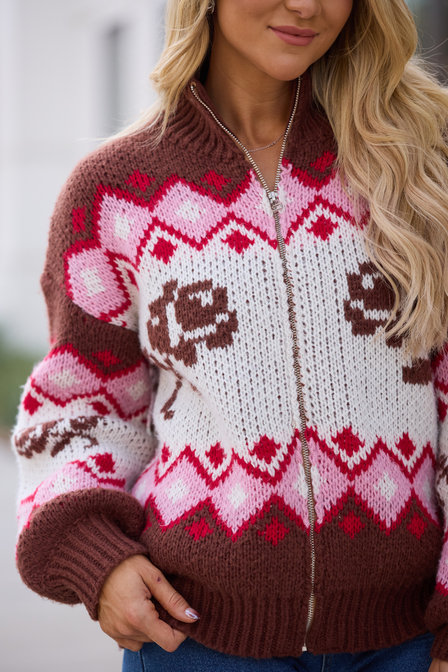 Ariana Brown And Pink Rose Fair Isle Full Zip Sweater SALE