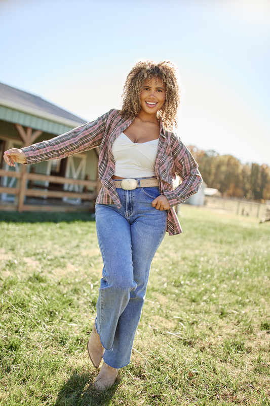 Rory Pink And Green Plaid Flannel Button Down Top SALE