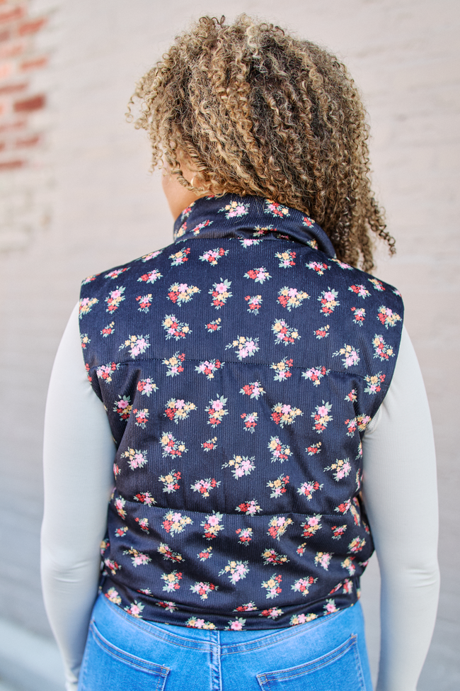 Janice Black Floral Print Puffer Vest SALE