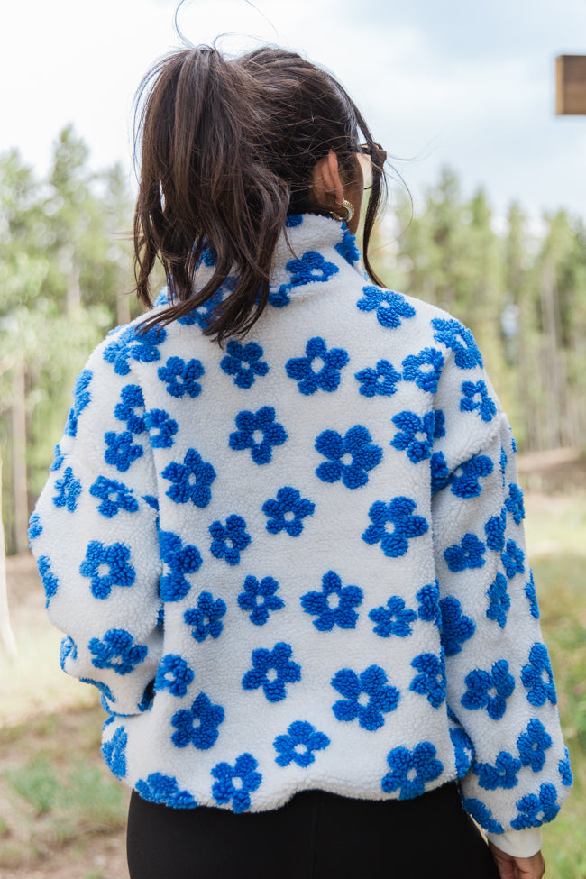 Playing For Keeps Blue and Ivory Floral Print Sherpa Pullover FINAL SALE