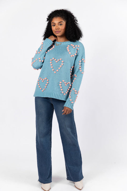 Adore You Blue and Pink Oversized Heart Pom Sweater