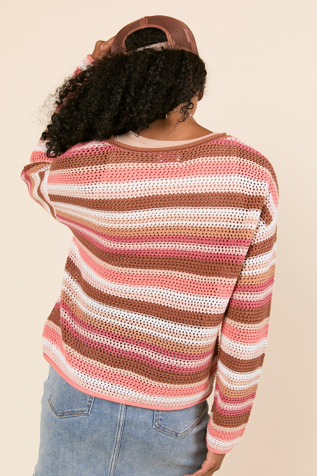 Raelyn Brown Striped Open Knit Sweater