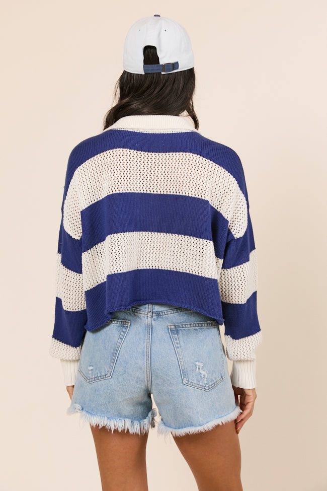 Zebb Long Sleeve Navy Blue Striped Open Knit Sweater FINAL SALE