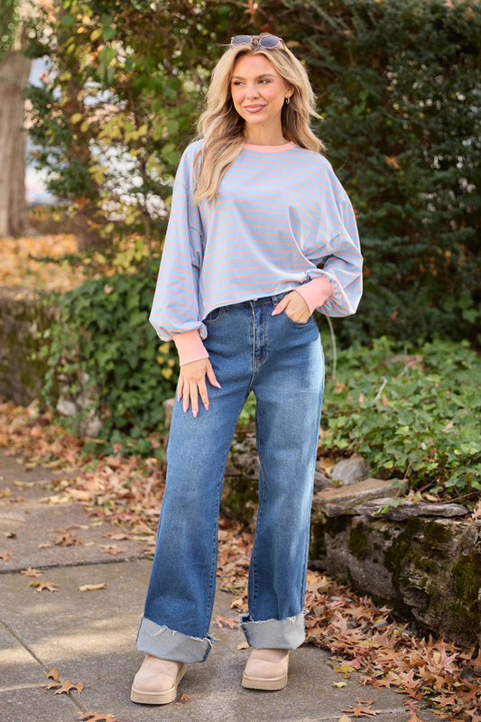 Susanna Long Sleeve Blue and Coral Stripe Knit Tee FINAL SALE