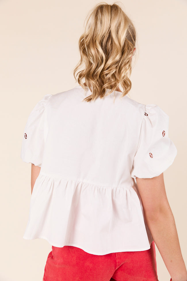 Angela Short Sleeve White Embroidered Football Peplum Top FINAL SALE
