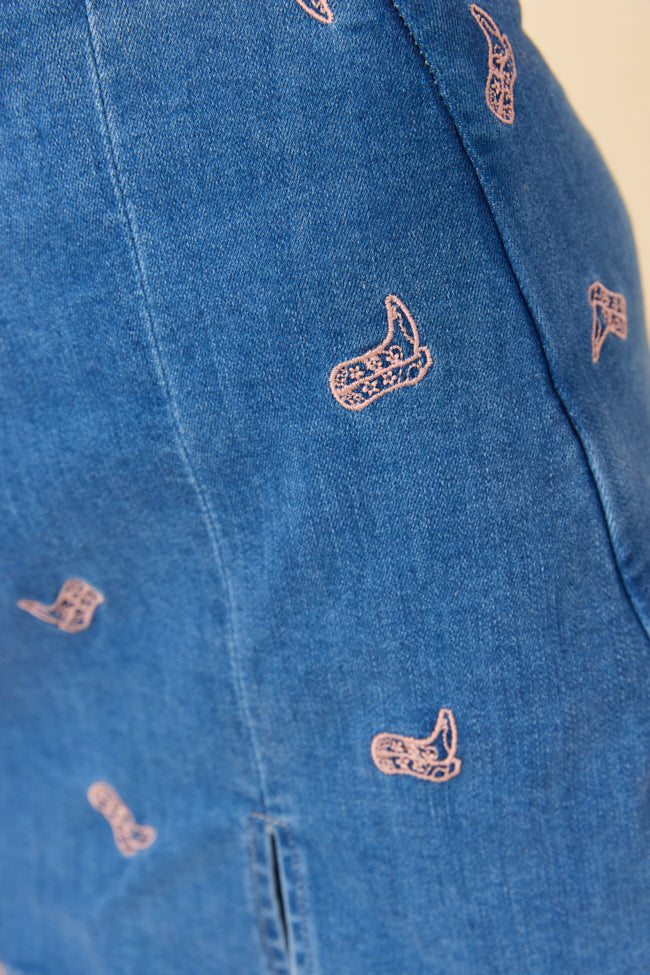 My Favorite Medium Wash Boot Embroidery Skort FINAL SALE