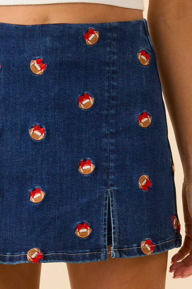 My Favorite Dark Wash Football Embroidery Skort FINAL SALE