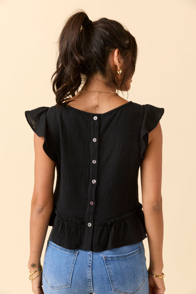 Ruby Black Gauze Flutter Button Back Woven Blouse FINAL SALE