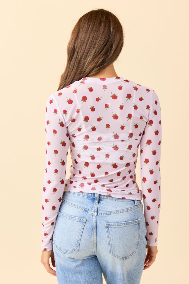 Ansley Long Sleeve White Rose Floral Mesh Crewneck Top FINAL SALE