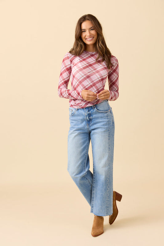 Ansley Long Sleeve Pink Plaid Mesh Crewneck Top FINAL SALE