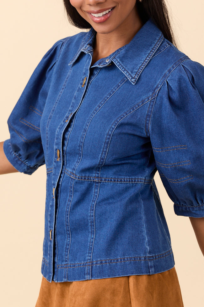 Jane Denim Collared Puff Sleeve Blouse FINAL SALE