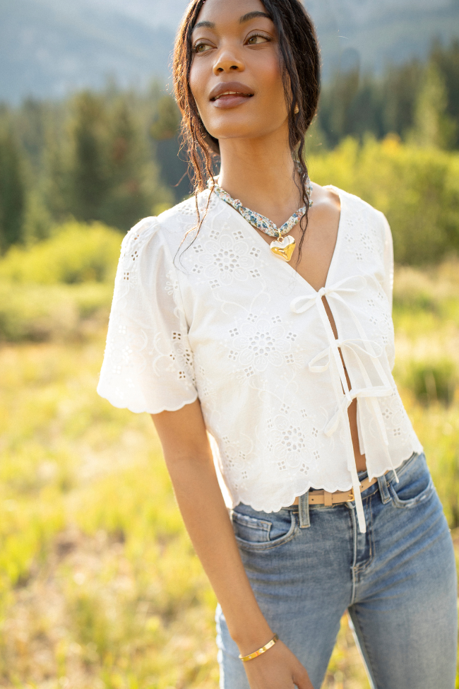 Island Dreamer Ivory Tie Front Eyelet Blouse