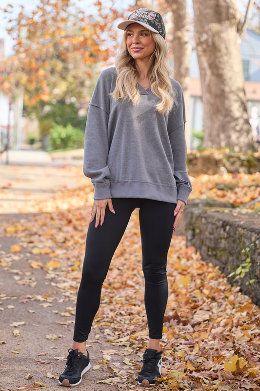 Cruz Oversized V-Neck Waffle Knit Charcoal Pullover