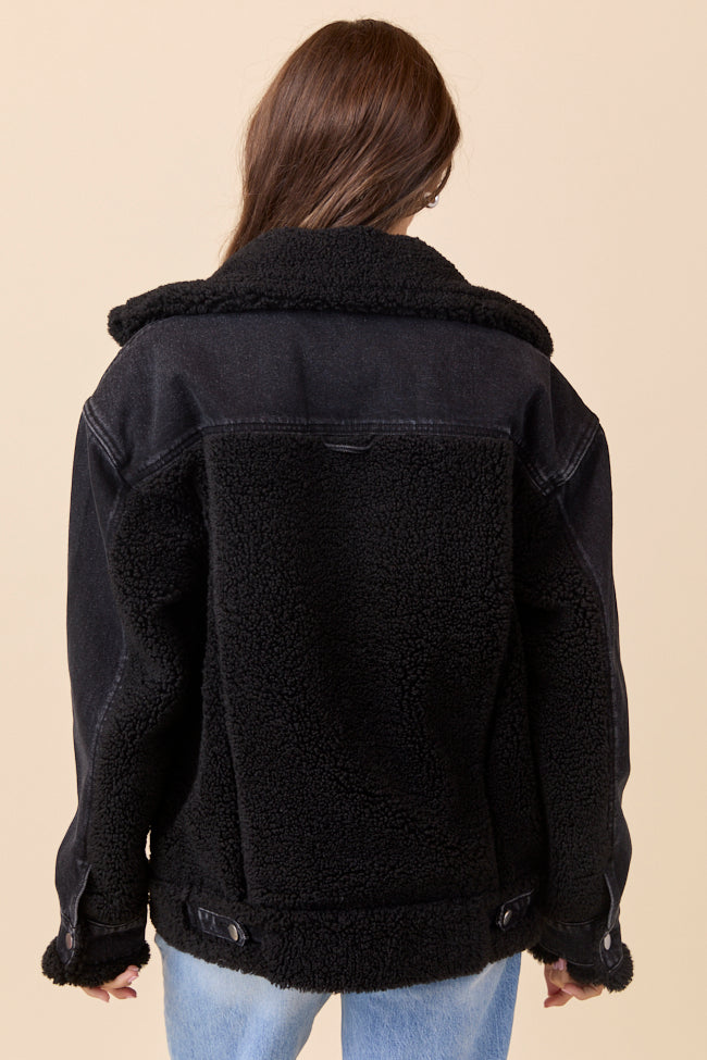 Picking Sides Black Wash Sherpa Detail Oversized Denim Jacket