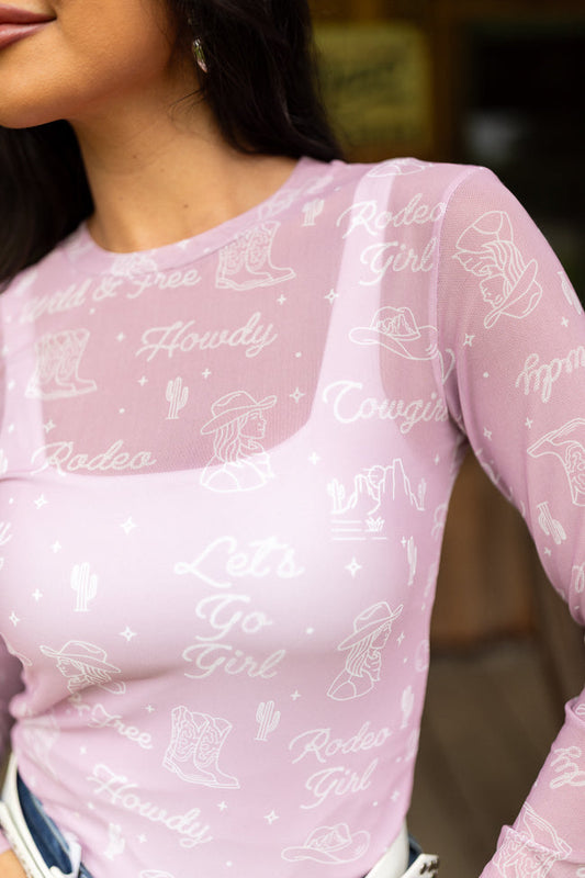 Darlene Long Sleeve Pink Cowgirl Mesh Crewneck Top