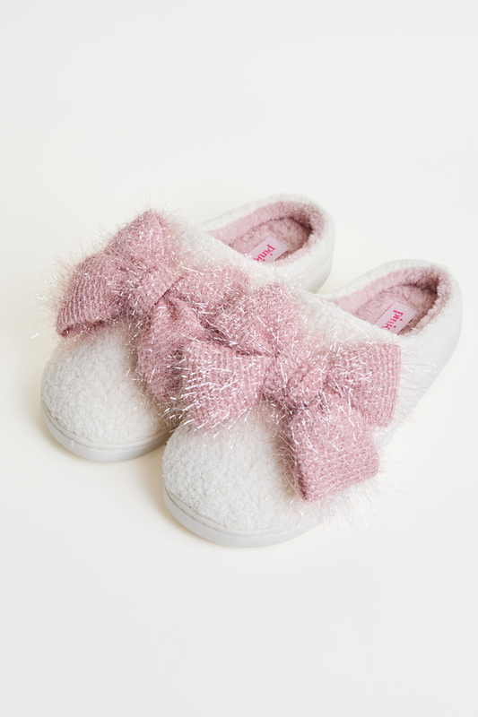 Cozi Pink Tinsel Bow Shearling Slippers SALE