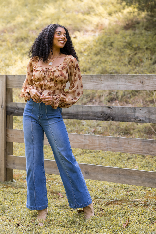 Melana Tan Ruched Ruffled Top