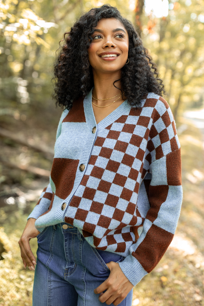 Alyssia Brown And Blue Checkered Cardigan