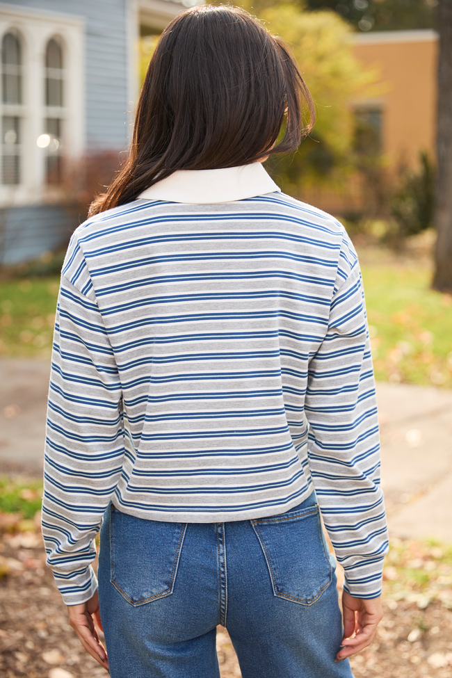 Charlie Blue and Grey Striped Collared Pullover