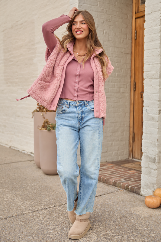 Anneliese Pink Waffle Henley Top SALE