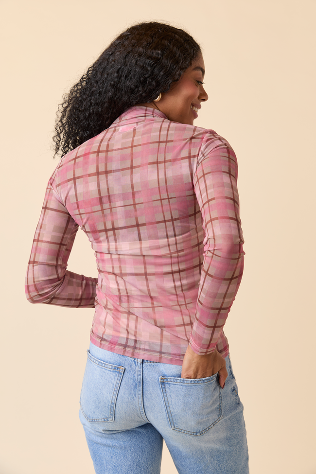 Ansley Long Sleeve Pink Plaid Mesh Mock Neck Top