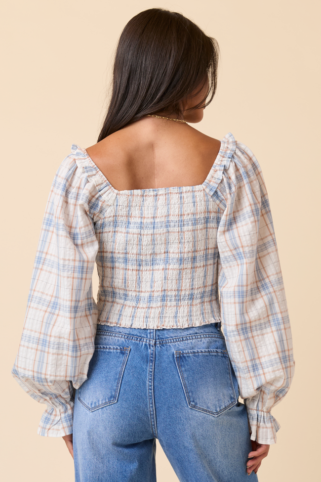Willow Blue Plaid Smocked Balloon Sleeve Top