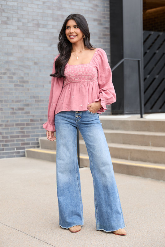 Lisette Pink Floral Embroidered Gauze Smocked Peplum Top