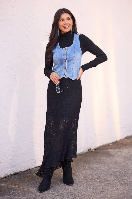 Selene Black Lace Asymmetric Maxi Skirt