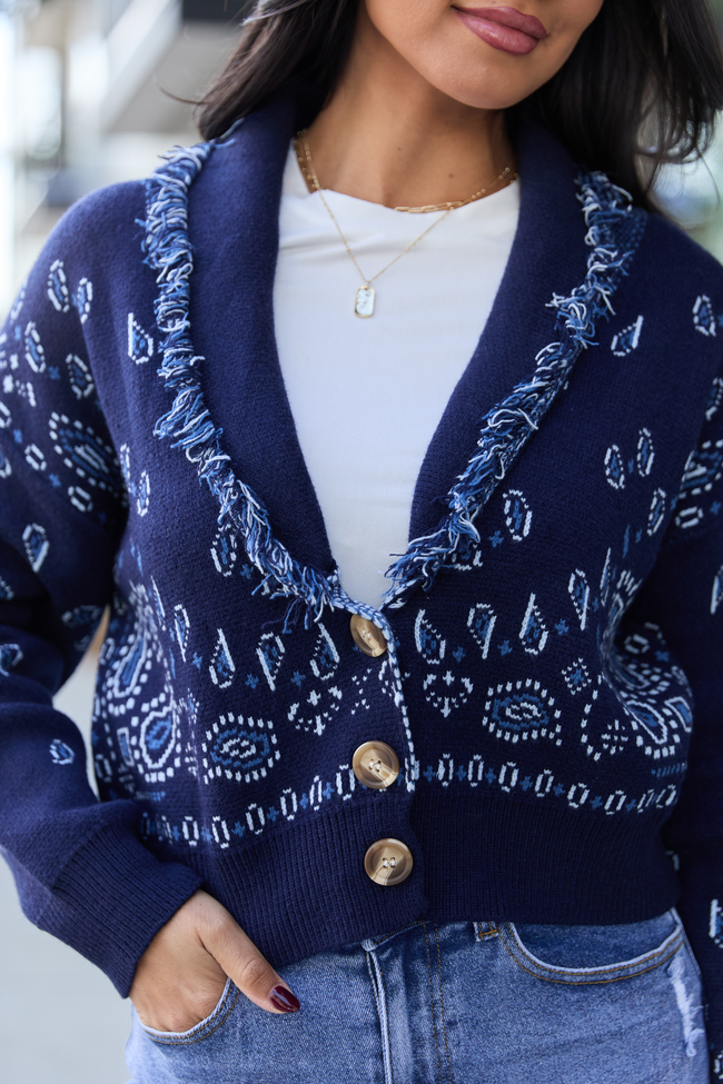 Zendaya Navy Blue Fringe Paisley Print Cardigan SALE