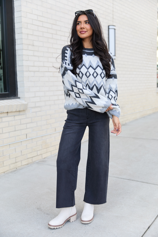 Alanah Blue and Grey Argyle Crewneck Sweater