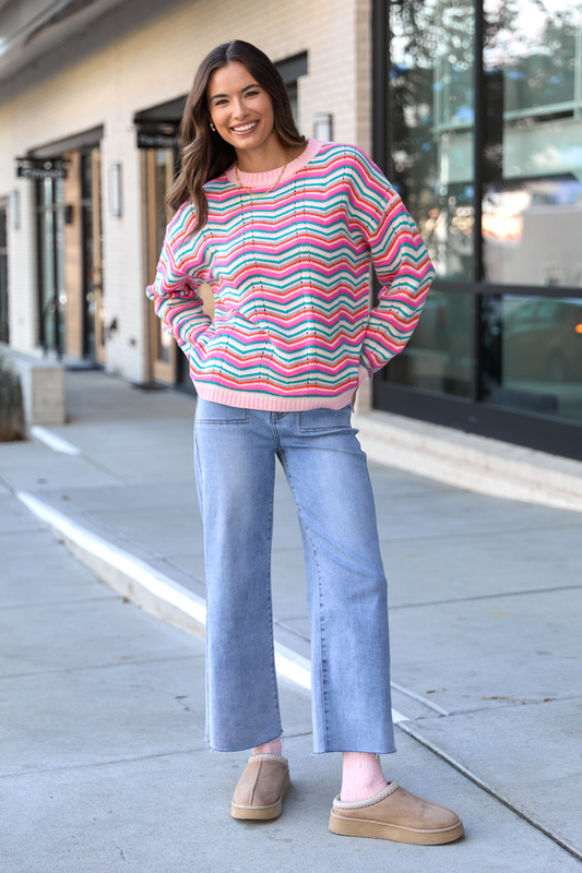 Shyla Pink Multi Stripe Crewneck Sweater