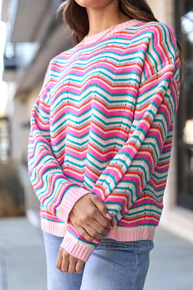 Shyla Pink Multi Stripe Crewneck Sweater