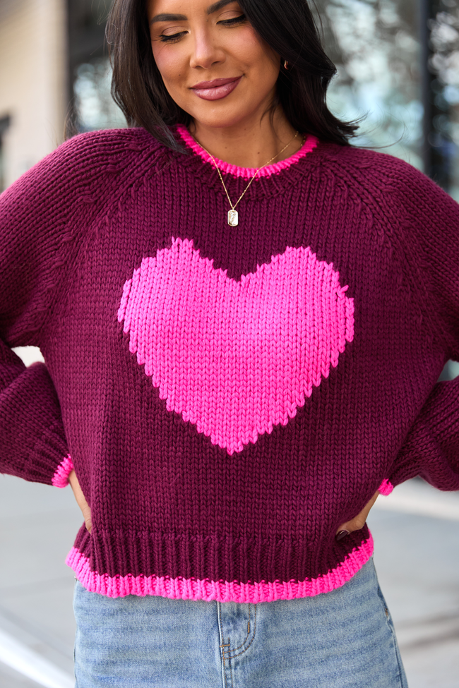 Cheyanne Burgundy And Pink Heart Crewneck Sweater SALE