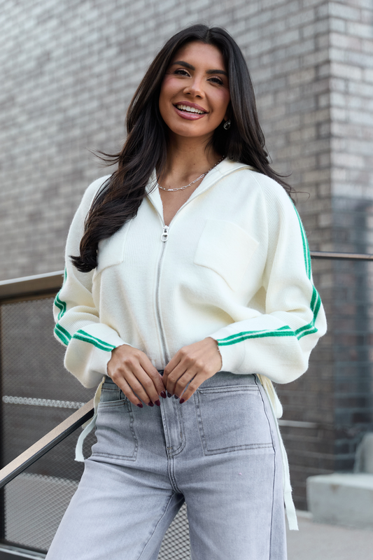 Kimmy Ivory with Green Stripes Full Zip Sweater SALE