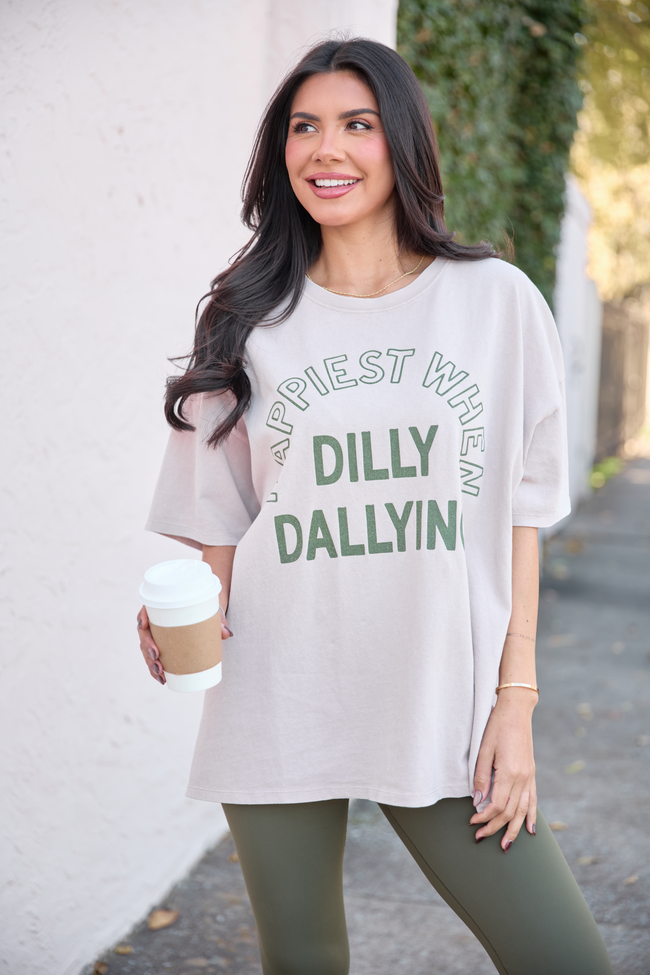 Happiest When Dilly Dallying Taupe Oversized Graphic Tee