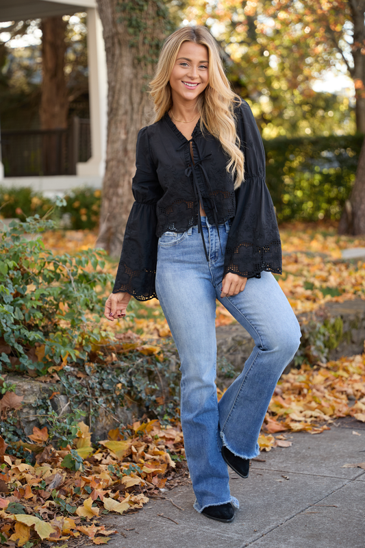 Chesney Black Eyelet Tie Front Top