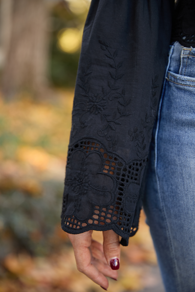 Chesney Black Eyelet Tie Front Top