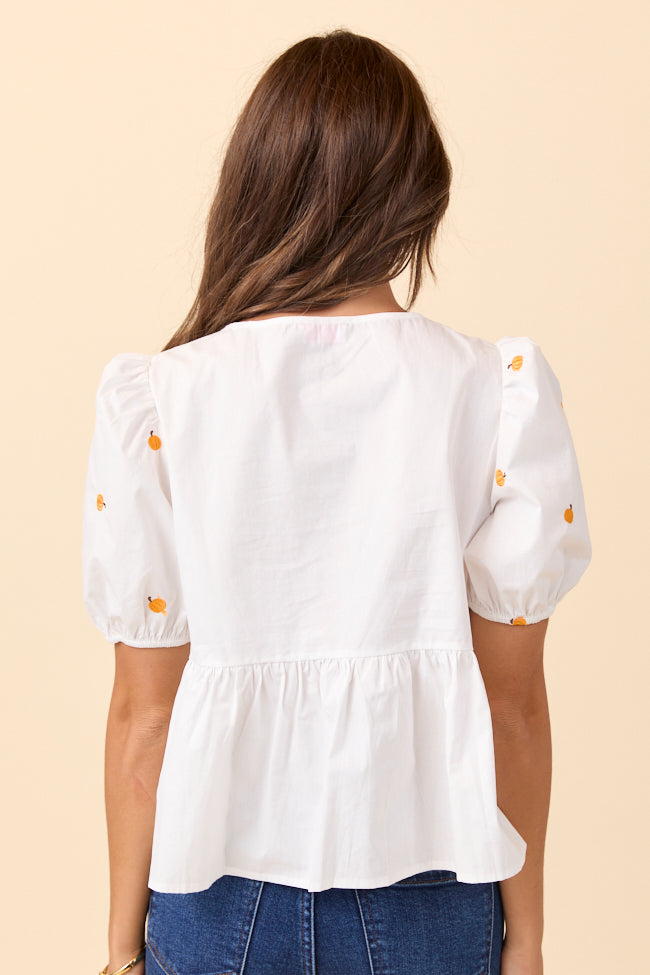 Angela Short Sleeve White Embroidered Pumpkin Peplum Top FINAL SALE