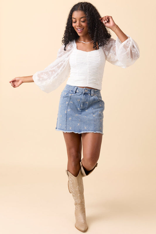 The Lucy Ivory Floral Mesh Ruched Top