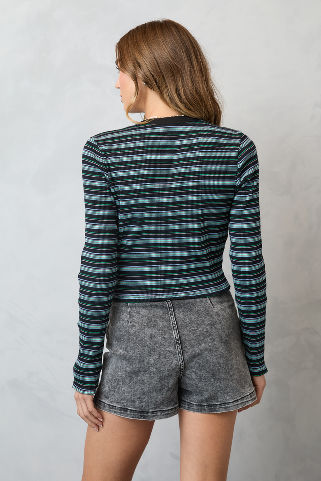 Keiko Black Multi Striped Long Sleeve Crewneck Top