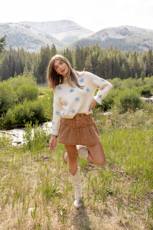 Tilda Cream and Blue Star Print Mock Neck Sweater FINAL SALE